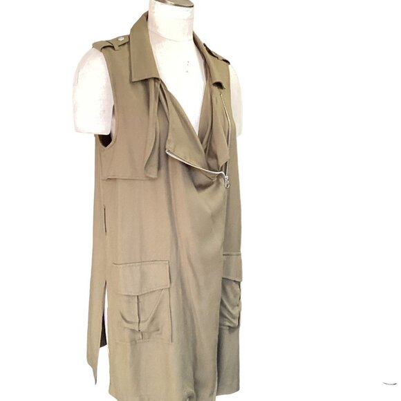 Love Tree Longline  Asymmetric Zip Slouchy Vest S Khaki #38Q - Picture 1 of 8